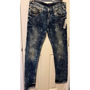 True Religion Jeans Mens 30x34 Blue Acid Wash Bleach Slim Straight Flap Pockets